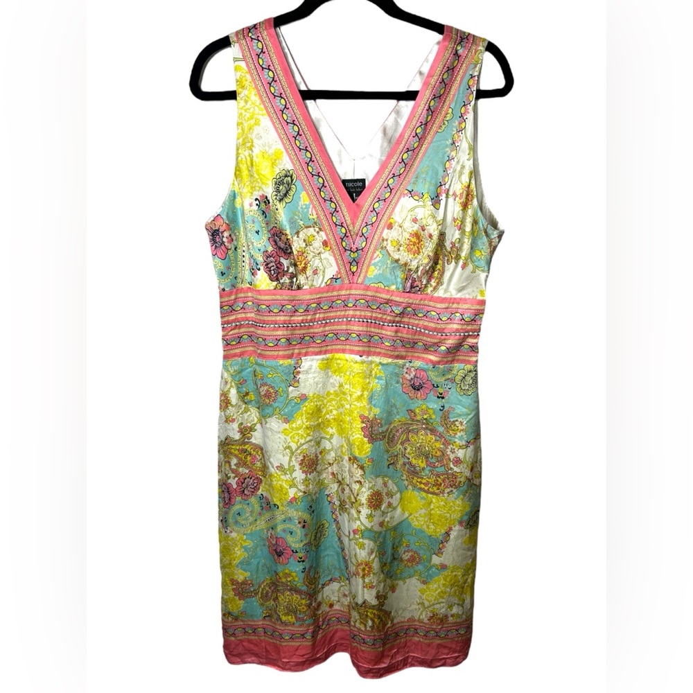 Nicole By Nicole Miller Y2K Silk Scarf Pastel‎ V Neck Embroidered Dress Size 14
